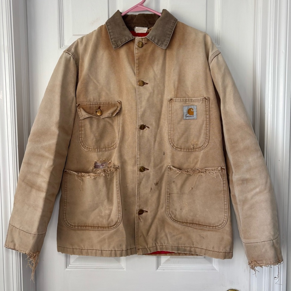 Vintage Carhartt Brown Utility Workwear Canvas Red Lined Jacket